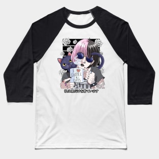 Goth Anime Girl Black Gothic Cat Coffee Lover Vaporware Baseball T-Shirt